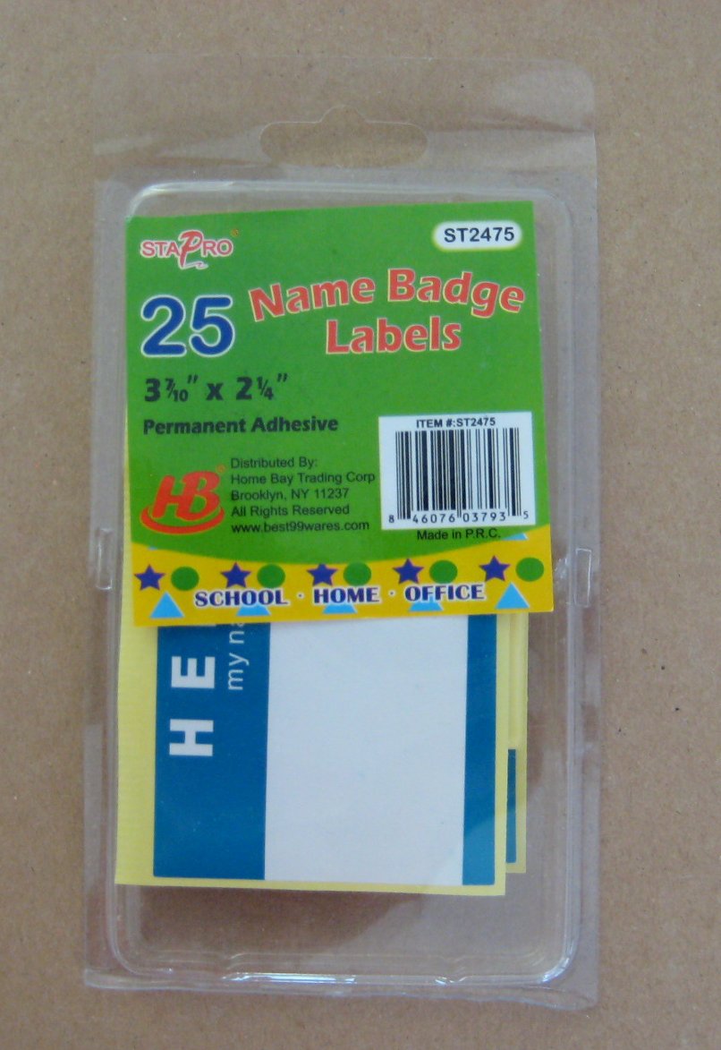 Packung mit „hello my name is“ Aufklebern