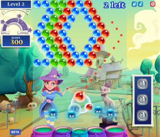 Screenshot der Spiele-App Bubble Witch mit vielen bunten Blasen